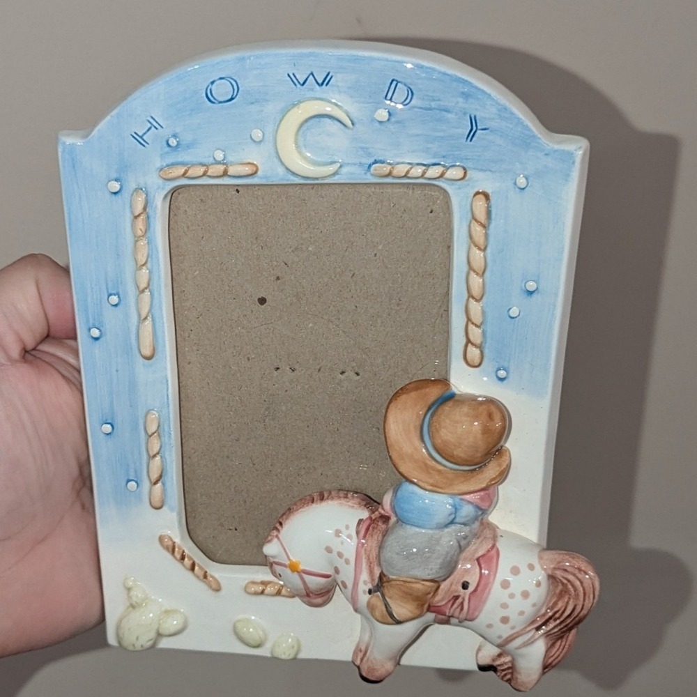 Charpente Picture Frame Blue Ceramic Cowboy Pony‎ Howdy Western 5x7 Nursery Pony
